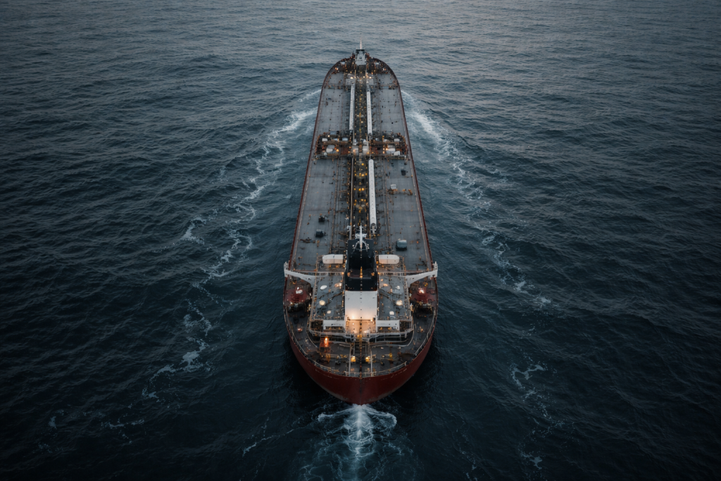 Нефтяной танкер в открытом море, вид сверху.