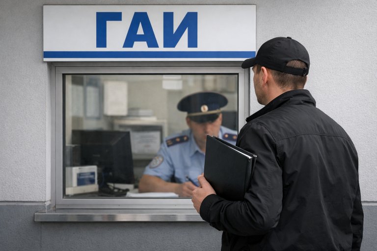 Водитель стоит у окна ГАИ и держит папку с документами, пока сотрудник внутри оформляет бумаги.