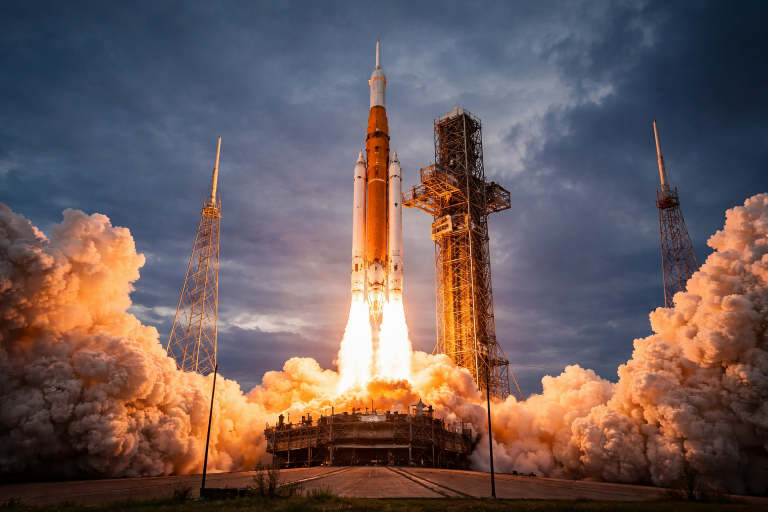 Запуск ракеты Space Launch System в рамках миссии Артемида 2 с площадки Космического центра Кеннеди.
