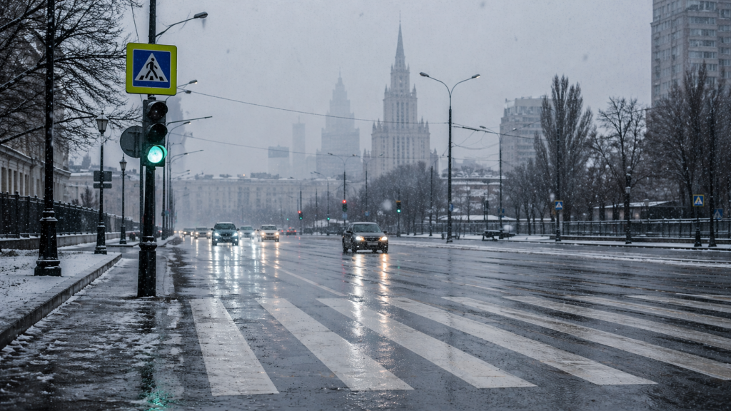 Пешеходный переход в снегу и дождe на городской улице Москвы.