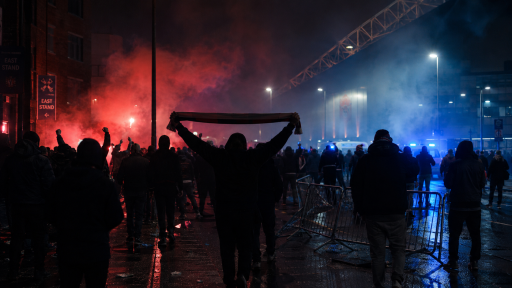 Бунтующие футбольные болельщики у стадиона ночью, дым от файеров, полицейские огни и металлические ограждения.