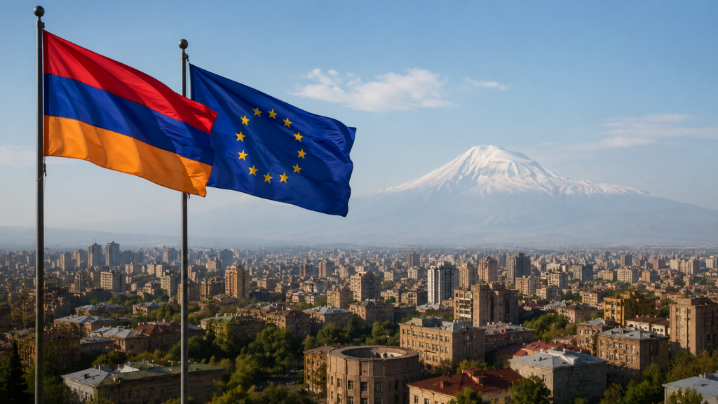 Флаги Армении и Европейского союза на фоне Еревана и горы Арарат.