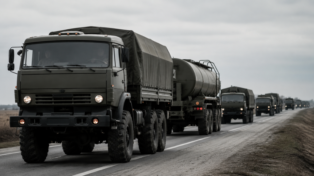 Военная колонна грузовиков и топливная цистерна движутся по дороге в пасмурную погоду.