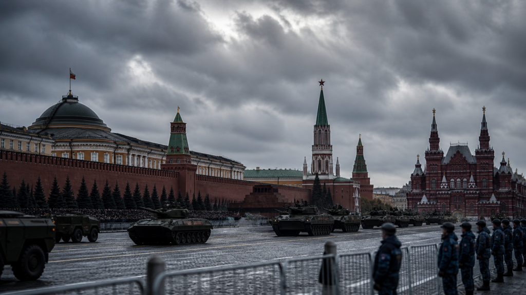 Кремль и парадная техника на фоне тревожного неба.
