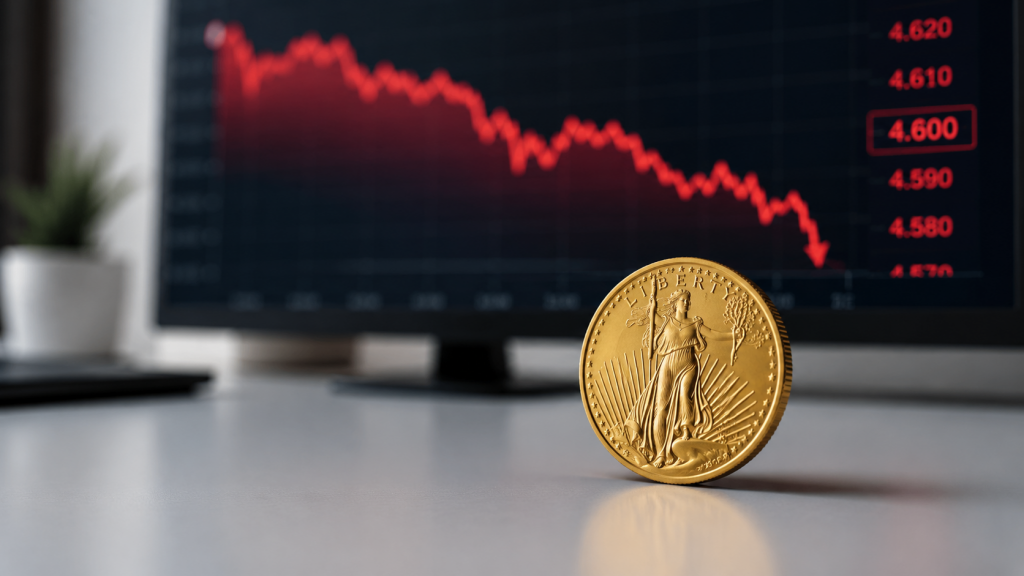 Золотая монета на фоне биржевого графика с падением цены золота ниже 4600 долларов.