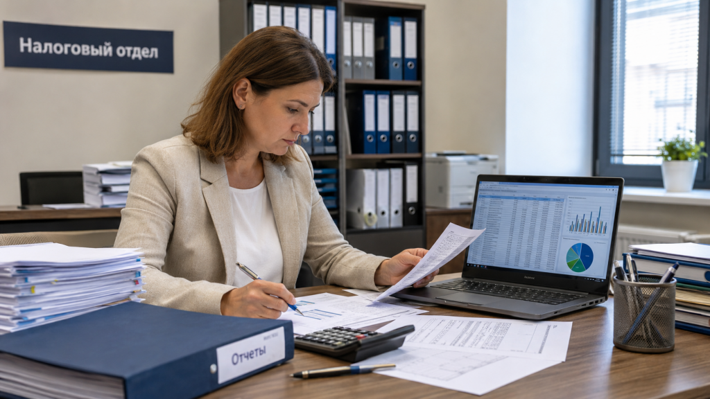 Сотрудница налогового отдела готовит отчёты за рабочим столом с документами, калькулятором и ноутбуком с финансовыми таблицами.