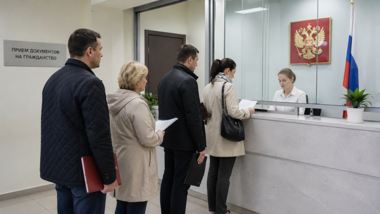 Очередь в консульском отделе для оформления гражданства России жителями Приднестровья.