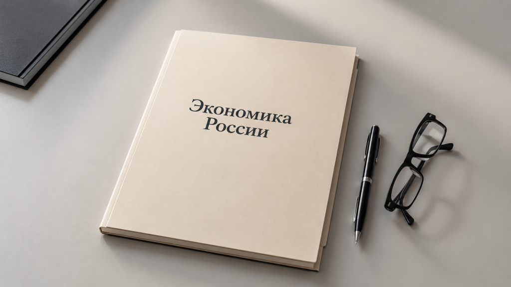 Папка с надписью «Экономика России» на рабочем столе рядом с ручкой и очками.