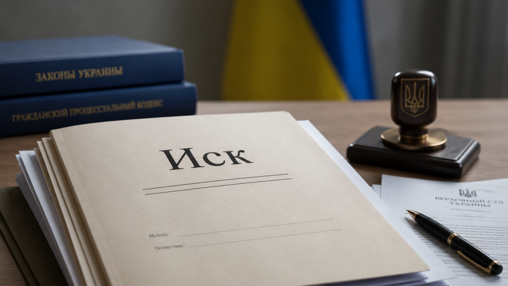 Папка с иском на столе рядом с документами, печатью и флагом Украины.