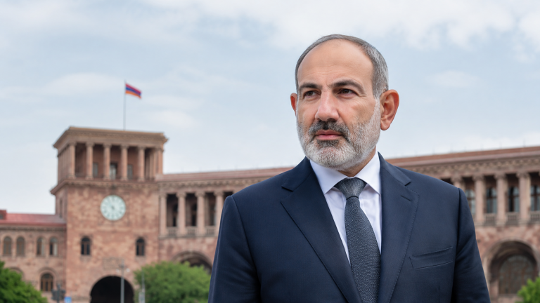Премьер Армении Никол Пашинян на фоне правительственного здания в Ереване на фоне сближения Армении с ЕС.