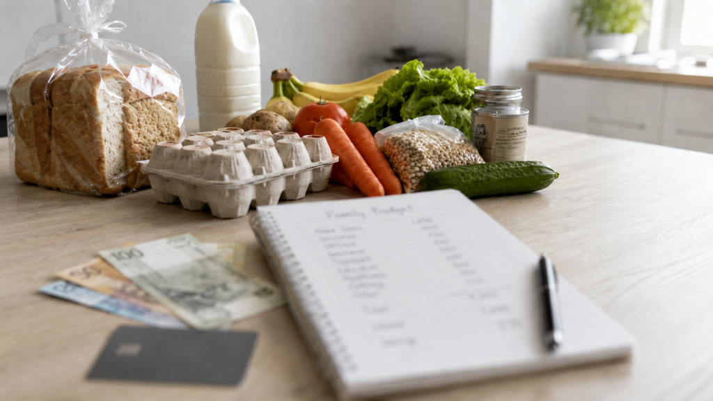 Блокнот с расходами, несколько купюр, банковская карта, продукты на заднем плане.