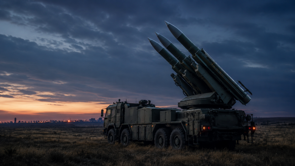 Зенитный ракетный комплекс на боевой позиции в поле на фоне закатного неба.