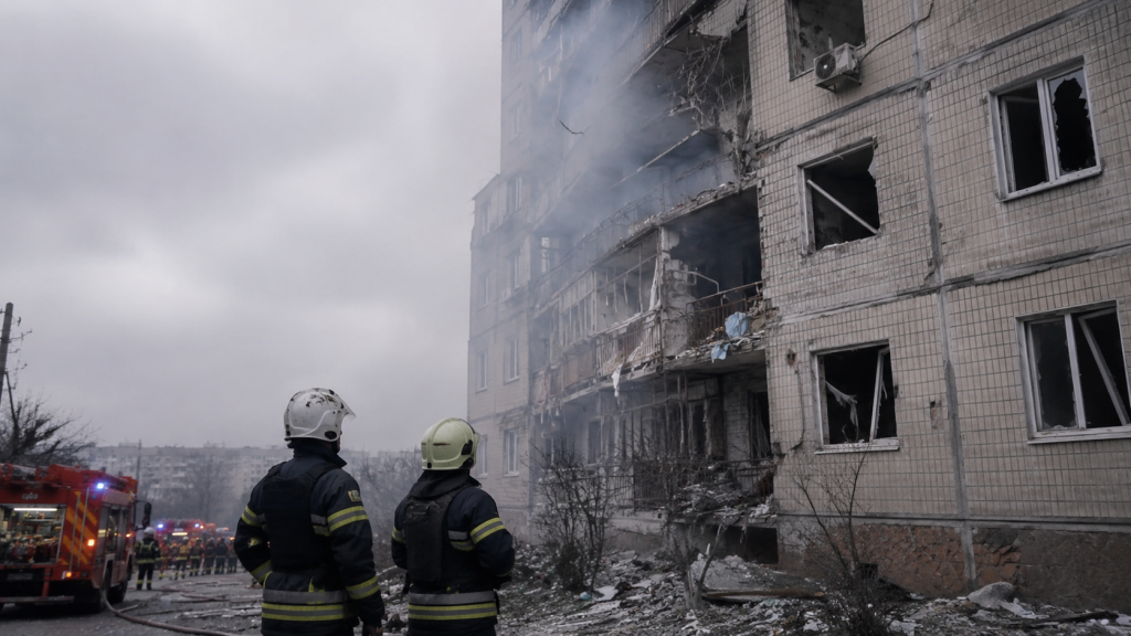 Повреждённый жилой дом после ракетного удара, спасатели осматривают разрушения на месте атаки по Украине.