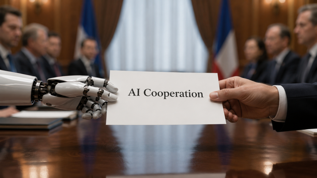 Роботизированная рука передает документ AI Cooperation человеку на деловой встрече.