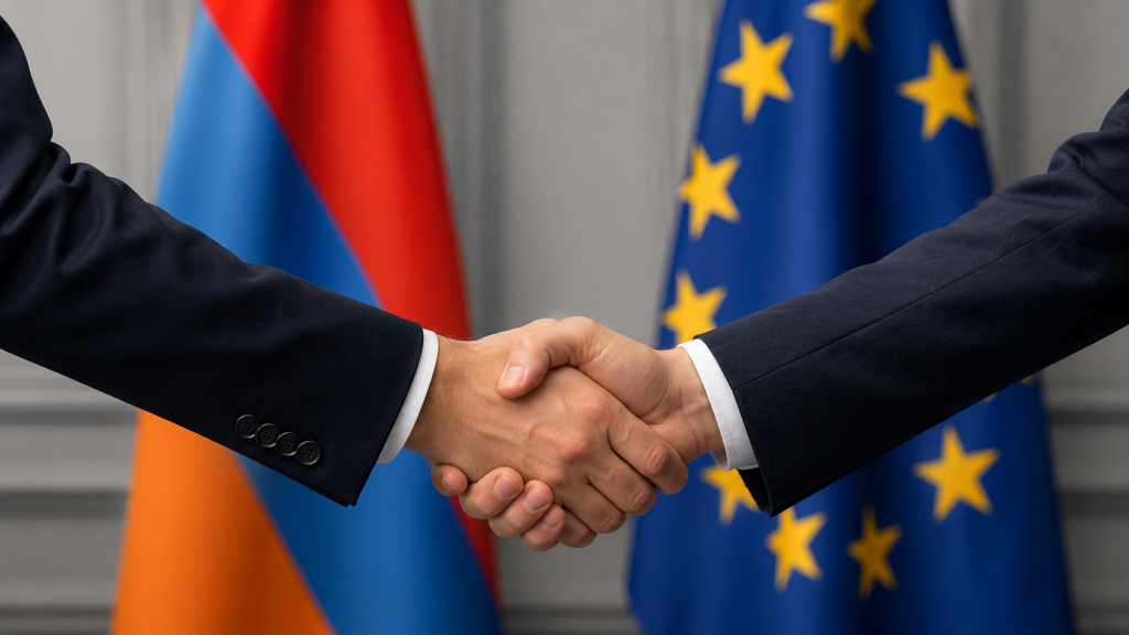Рукопожатие представителей Армении и Евросоюза на фоне флагов Армении и ЕС.