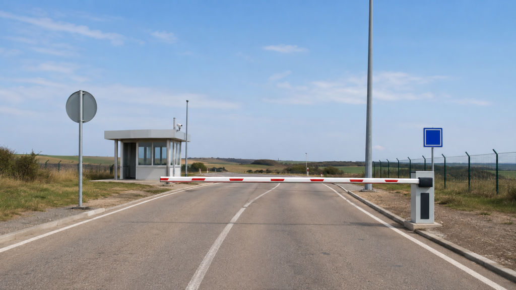 Пустой пограничный шлагбаум на дороге как символ контроля вокруг Приднестровья.