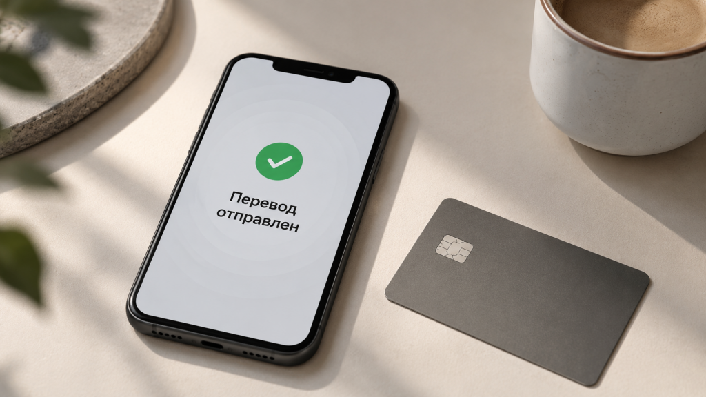 Смартфон с уведомлением о переводе денег, банковская карта и чашка кофе на столе.