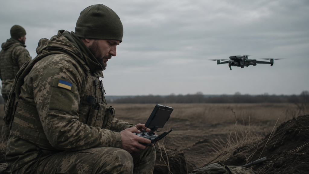 Украинский военный управляет дроном в поле, рядом в небе летит беспилотник.