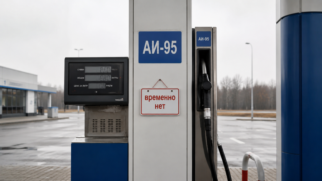 Колонка АИ-95 с табличкой «временно нет» на пустой АЗС