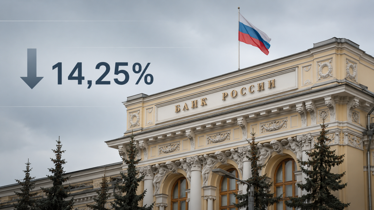 Здание Банка России со стрелкой вниз и ключевой ставкой 14,25% после решения ЦБ о снижении ставки