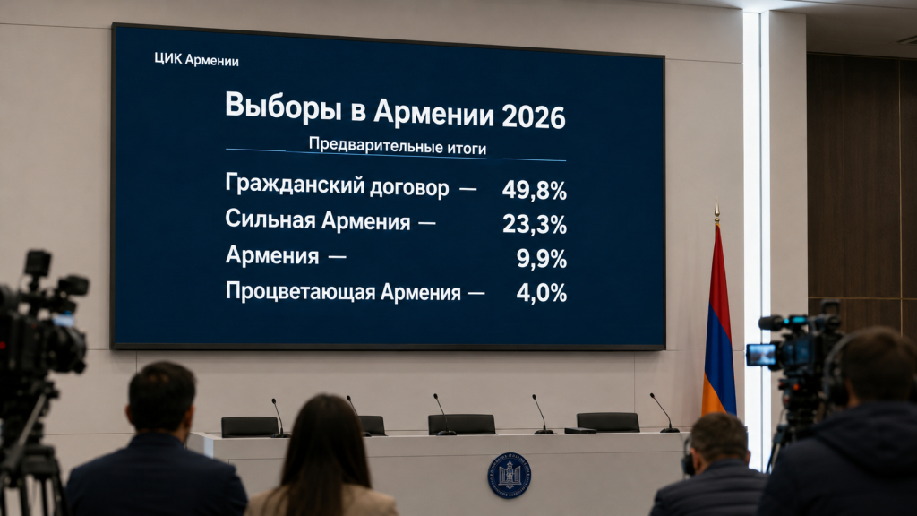 Табло с предварительными итогами выборов в Армении 2026 года в зале ЦИК
