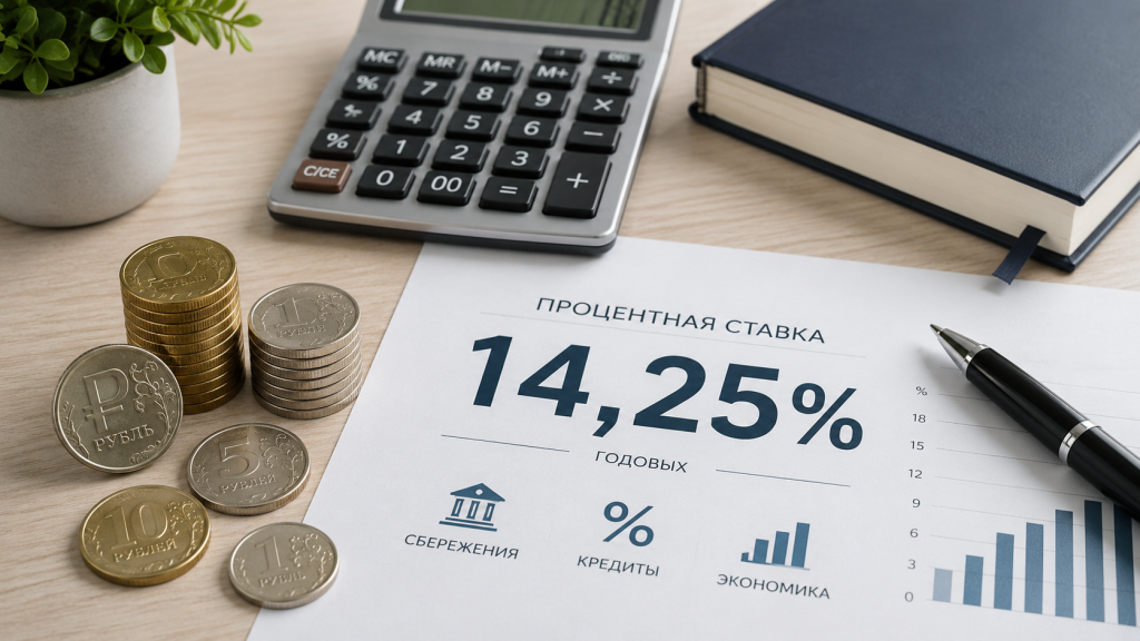 Рублёвые монеты, калькулятор и документ с процентной ставкой 14,25% на рабочем столе