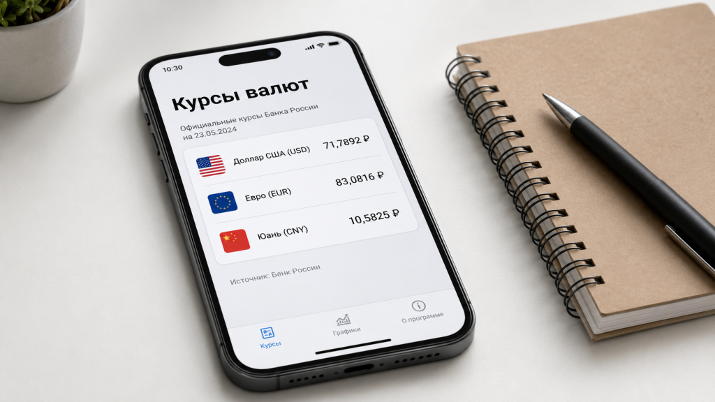 Смартфон с курсами доллара, евро и юаня ЦБ РФ на рабочем столе