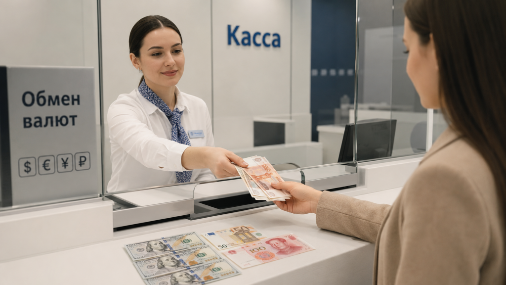 Обмен валюты в банке: кассир передает рубли клиенту