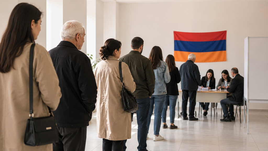 Очередь избирателей на участке во время выборов в Армении 2026 года