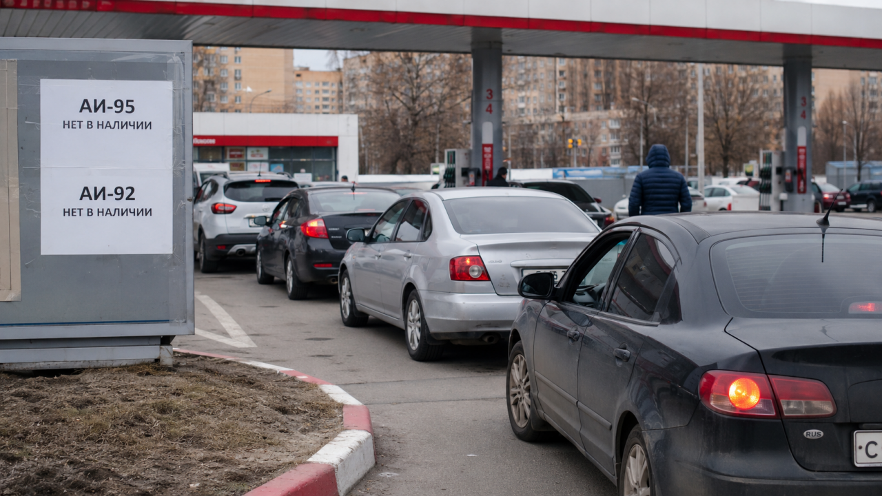 Очередь автомобилей с российскими номерами на АЗС из-за отсутствия бензина АИ-95 и АИ-92.