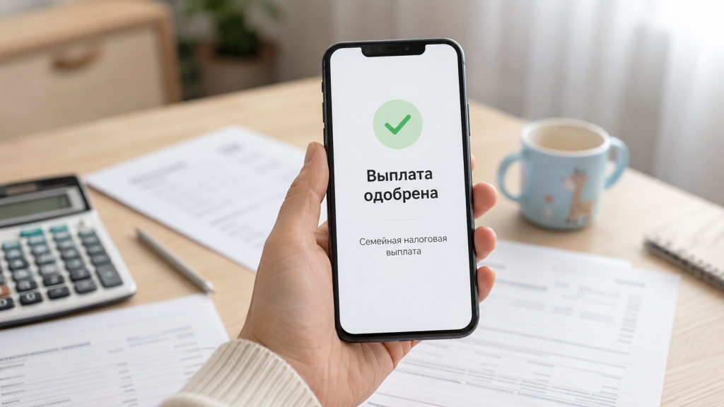 Смартфон с уведомлением об одобрении семейной налоговой выплаты на фоне документов и калькулятора