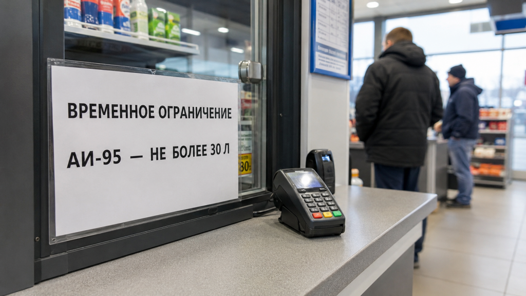 Объявление на кассе АЗС о временном ограничении продажи АИ-95 до 30 литров