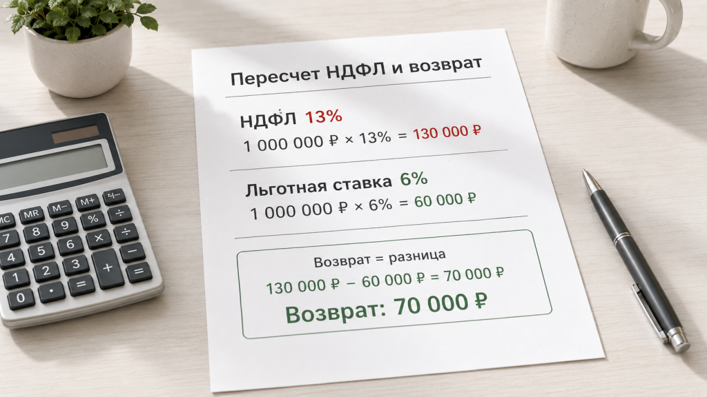 Расчёт возврата НДФЛ по семейной налоговой выплате с примером ставок 13% и 6%