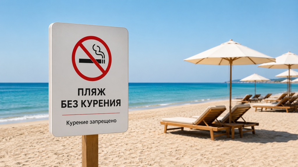 Знак «Пляж без курения» на песчаном пляже в Анталье на фоне моря, лежаков и зонтиков