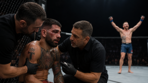 Топурия в углу октагона после остановки боя с Гэтжи на UFC Freedom 250