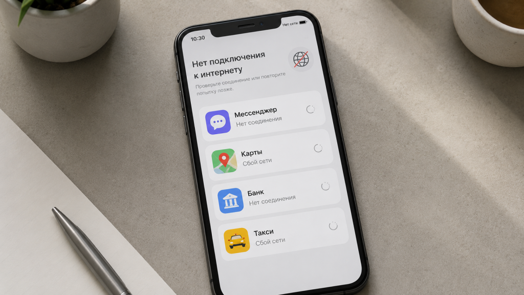 Смартфон на столе показывает ошибку подключения к интернету и сбои в приложениях