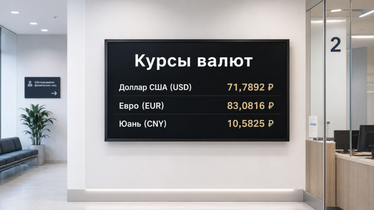 Курсы доллара, евро и юаня на электронном табло в отделении банка