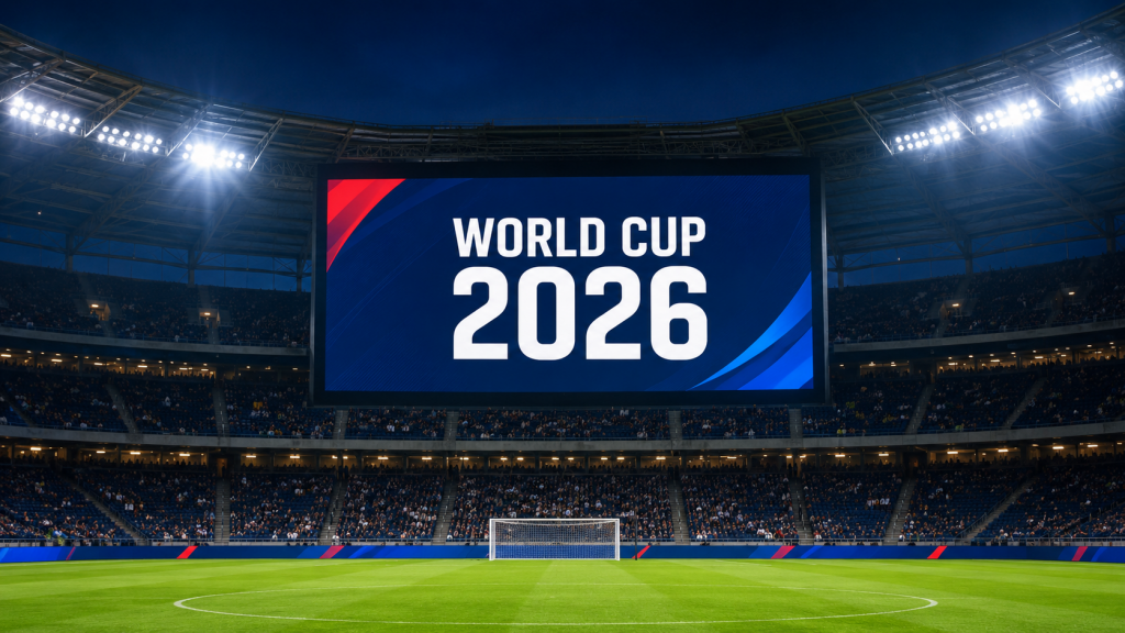 Табло стадиона с надписью World Cup 2026 перед матчем чемпионата мира