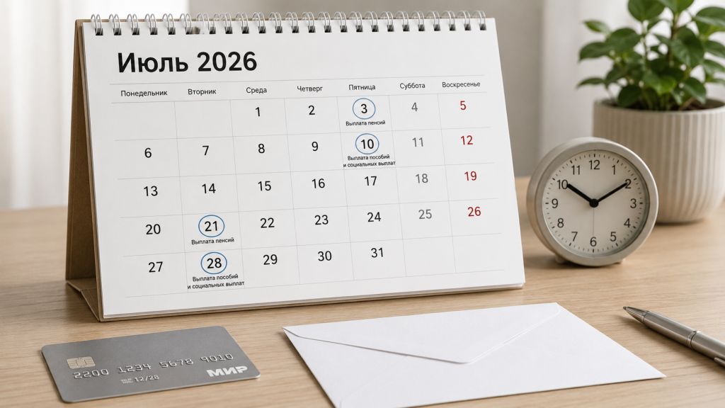 Настольный календарь на июль 2026 года с отмеченными датами выплат пенсий и пособий