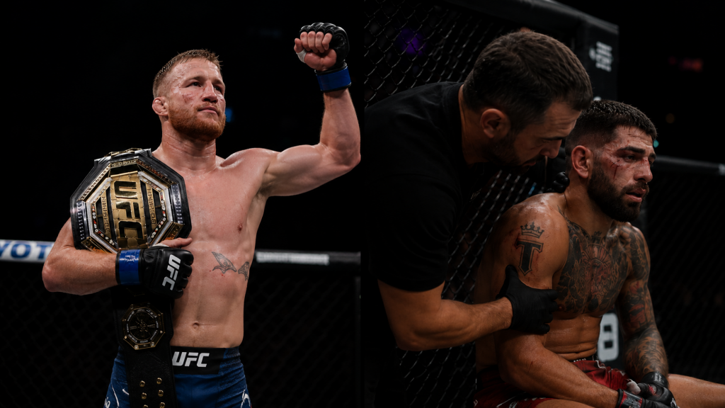 Гэтжи с поясом и Топурия в углу после боя на UFC Freedom 250