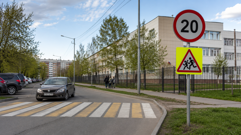 улица рядом со школой с пешеходным переходом и ограничением скорости 20 км/ч