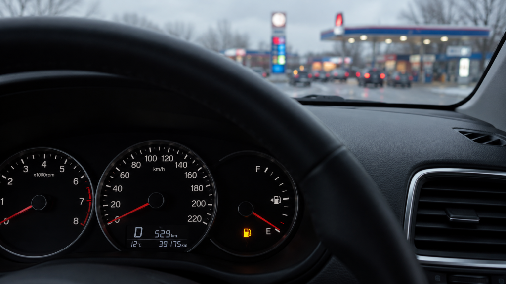 Приборная панель автомобиля с горящей лампой топлива на фоне АЗС и очереди машин.