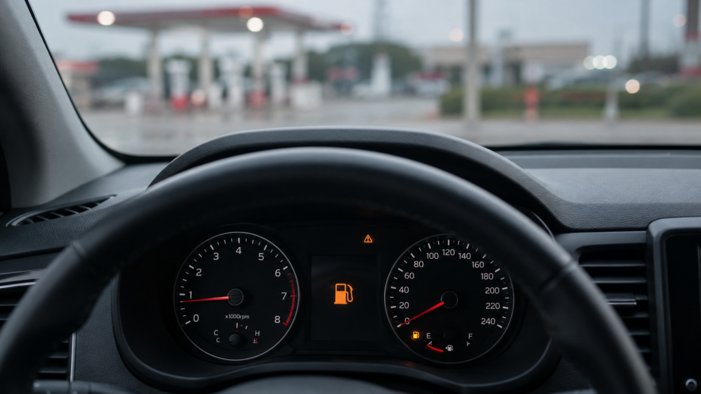 Приборная панель автомобиля с индикатором низкого уровня топлива