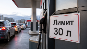 АЗС с табличкой «Лимит 30 л» на фоне очереди автомобилей